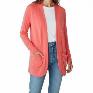 Garnet Hill Linen Modal Blend Pocket Open Front Coral Cardigan Small